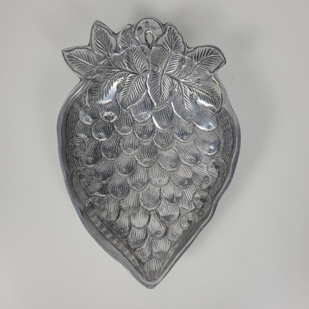 Vintage Strawberry Pewter Plate Mid-Century Modern Kitchen Decor Hammered